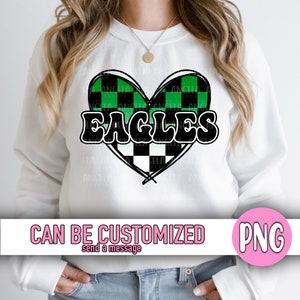 PNG Eagles Green Checkered Heart Retro Groovy Game Day School Spirit Mascot Pride Team Sport Mom Teacher PNG for Sublimation DTF Shirts