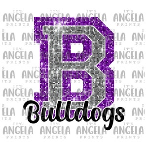 PNG B Bulldogs Purple Bling Sparkle Glitter School Team Spirit Mascot Teacher Game Day Football Cheer Design for Sublimation DTF HTV Shirt