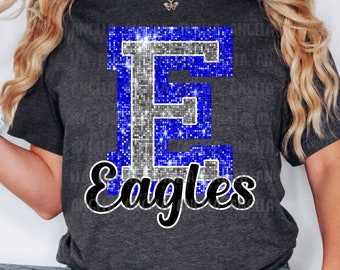 PNG E Eagles Blue Bling Sparkle Glitter School Team Spirit Mascot Teacher Game Day Football Cheer Design for Sublimation DTF HTV Shirt