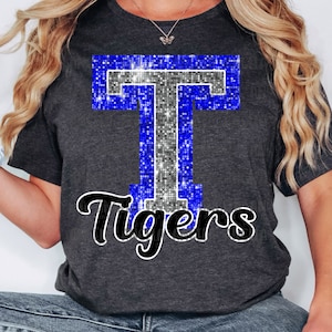 PNG T Tigers Blue Bling Sparkle Glitter School Team Spirit Mascot Teacher Game Day Football Cheer Design for Sublimation DTF HTV Shirt