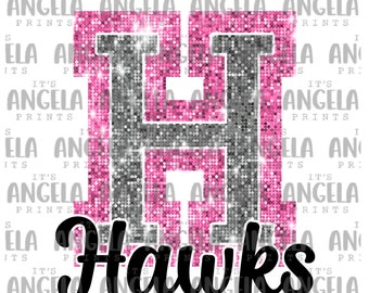 PNG H Hawks Pink Bling Sparkle Glitter School Team Spirit Mascotte Leraar Game Day Football Cheer Design voor sublimatie DTF HTV Shirt