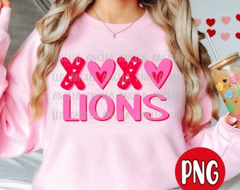 PNG Lions XOXO Valentine's Day Love Pink Red Hearts School Spirit Teacher Mascot Digital Download Design for Sublimation DTF Shirt