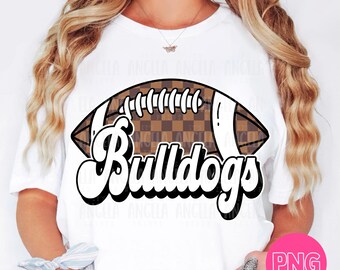 PNG Bulldogs Brown Football Checkered School Team Spirit Mascot Teacher Game Day Homecoming Cheer Groovy Retro for Sublimation DTF Shirt