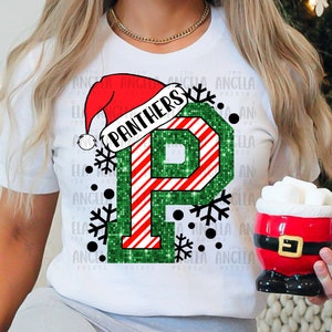 Panthers P Buon Natale Babbo Natale Verde Rosso Glitter Candy Cane Dicembre Mascotte Scuola Spirito PNG DTF Camicia con stampa serigrafica a sublimazione