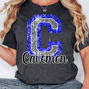 PNG C Cavemen Blue Bling Sparkle Glitter School Team Spirit Mascot Teacher Game Day Football Cheer Design for Sublimation DTF HTV Shirt