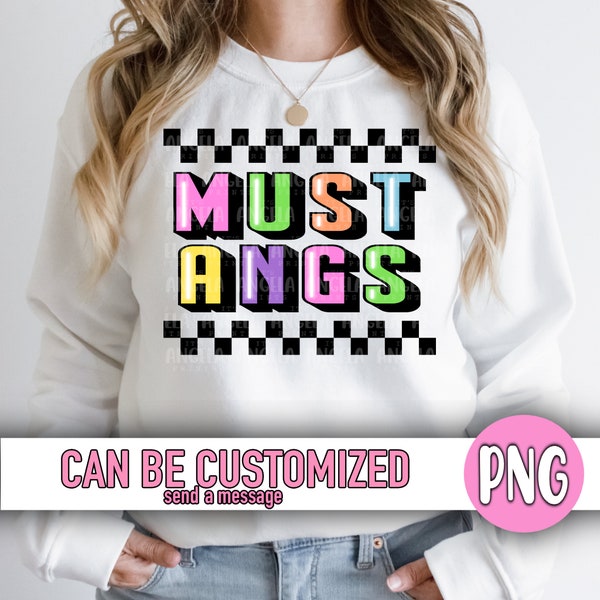 Mustangs PNG Checkered Pastel Colorful School Spirit Team Teacher Game Day Mom Football Cheer Dance Track PNG for Sublimation DTF htv Shirt