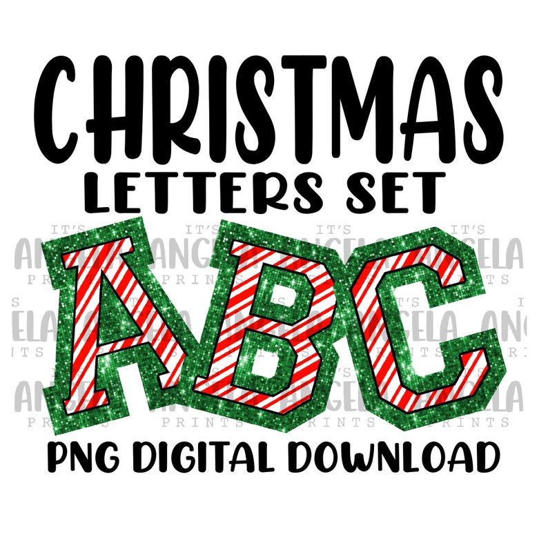 Christmas Alphabet Letters Set With Numbers Symbols Candy Cane Glitter ...