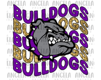 Bulldogs Purple Gold Retro Wavy Groovy School Spirit Mascot Team Mom Pride Football Volleyball Cheer Basketball PNG File for Sublimation DTF