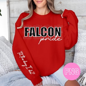 Könnte beinhalten: Roter Pullover mit weißem Text, der "FALCON pride" und "til the day I die" auf dem Ärmel sagt.