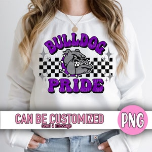 PNG Bulldog Pride Purple Groovy Checkered School Team Spirit Mascot Teacher Game Day Football Volleyball Basketball for Sublimation DTF