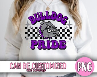 PNG Bulldog Pride Purple Groovy Checkered School Team Spirit Mascot Teacher Game Day Football Volleyball Basketball for Sublimation DTF