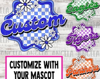 PNG Custom Sleeve Retro Groovy Checkered Flower Mascot School Team Spirit Teacher Appreciation Football Cheer Design Sublimation DTF Shirt