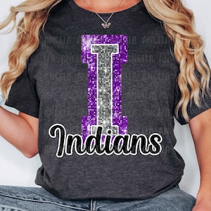 PNG I Indians Purple Bling Sparkle Glitter School Team Spirit Mascot Teacher Game Day Football Cheer Design for Sublimation DTF HTV Shirt