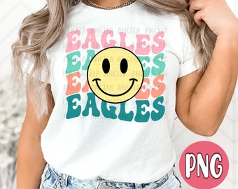 Eagles Groovy Retro Wavy Smiley Happy Face School Spirit Mascot Pride Teacher Game Day Pastel PNG DTF Sublimation Screen Print Shirt