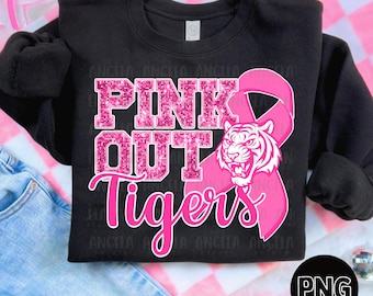 PNG Tijgers Roze Uit Borstkanker Faux Glitter Pailletten Bling School Teamgeest Mascotte Voetbal Juichen voor Sublimatie DTF