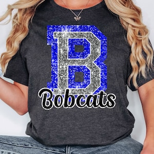PNG B Bobcats Blue Bling Sparkle Glitter School Team Spirit Mascot Teacher Game Day Football Cheer Design for Sublimation DTF HTV Shirt