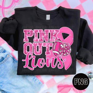 PNG Lions Pink Out Breast Cancer Awareness Faux Glitter Sequin Bling School Team Spirit Mascot Football Cheer for Sublimation DTF
