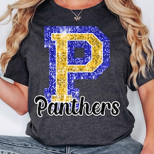 PNG P Panthers Blue Bling Sparkle Glitter School Team Spirit Mascot Teacher Game Day Football Cheer Design for Sublimation DTF HTV Shirt