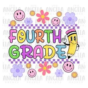 PNG 4th Grade Fourth Back to School Retro Checkered Smiley Preppy Groovy Pastel Digital Download Design File for Sublimation DTF Screen