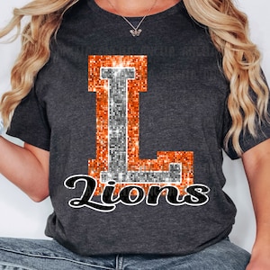 PNG L Lions Orange Bling Sparkle Glitter School Team Spirit Mascot Teacher Game Day Football Cheer Design for Sublimation DTF HTV Shirt