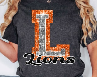PNG L Lions Orange Bling Sparkle Glitter School Team Spirit Mascot Teacher Game Day Football Cheer Design for Sublimation DTF HTV Shirt