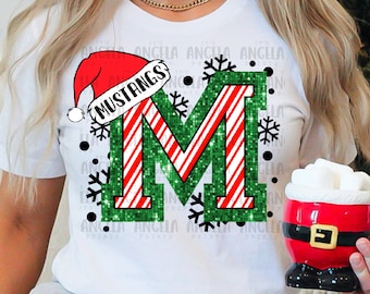 Mustangs M Merry Christmas Santa Holiday Green Red Glitter Candy Cane December Mascot School Spirit PNG DTF Sublimation Screen Print Shirt