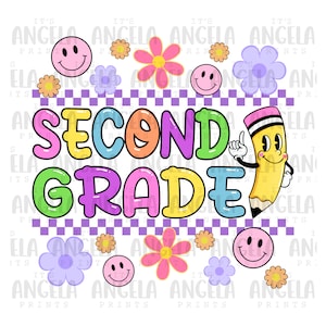 PNG 2nd Grade Second Back to School Retro Checkered Smiley Preppy Groovy Pastel Digital Download Design File for Sublimation DTF Screen