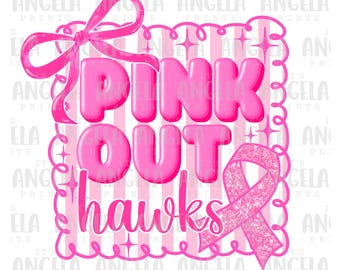 PNG Hawks Pink Out Breast Cancer Awareness Coquette Preppy Bows School Teamgeest Mascotte Voetbal Volleybal Juichen voor sublimatie DTF