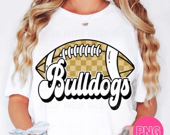PNG Bulldogs Gold Football Checkered School Team Spirit Mascot Teacher Game Day Homecoming Cheer Groovy Retro for Sublimation DTF Shirt