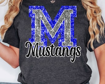 PNG M Mustangs Blue Bling Sparkle Glitter School Team Spirit Mascot Teacher Game Day Football Cheer Design for Sublimation DTF HTV Shirt