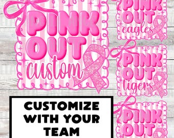 PNG Custom Pink Out Breast Cancer Awareness Groovy Checkered School Team Spirit Mascot Teacher Football Volleyball for Sublimation DTF Shirt