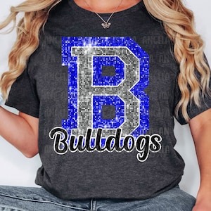 PNG B Bulldogs Blue Bling Sparkle Glitter School Team Spirit Mascot Teacher Game Day Football Cheer Design for Sublimation DTF HTV Shirt