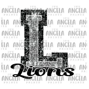 PNG L Lions Black Bling Sparkle Glitter School Team Spirit Mascot Teacher Game Day Football Cheer Design for Sublimation DTF HTV Shirt