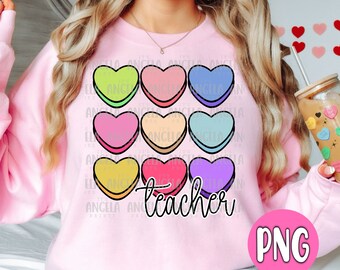 PNG Teacher Valentine's Day Candy Hearts Pink Pastel School Spirit Occupation Digital Download Design for Sublimation DTF Shirt