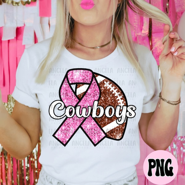 PNG Cowboys Faux Bling Glitter Pink Out Breast Cancer Awareness Ribbon Football School Team Spirit Mascot for Sublimation DTF Shirt