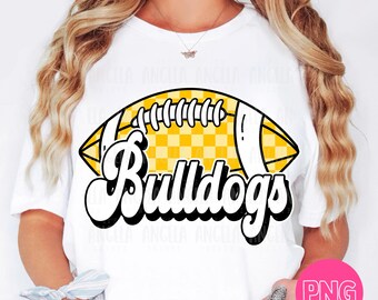 PNG Bulldogs Yellow Gold Football Checkered School Team Spirit Mascot Teacher Game Day Homecoming Cheer Groovy Retro Sublimation DTF Shirt