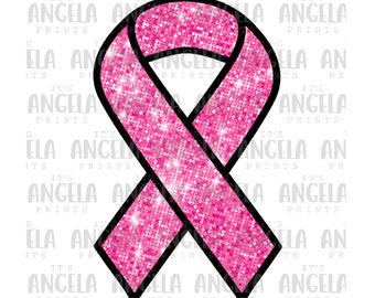 Faux Bling Sequin Glitter Breast CancerAwareness Ribbon Pink Out PNG Transparent File Sublimation DTF Transfer Screen Print Tshirt