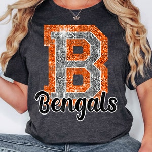 B Bengals Orange Bling Sparkle Glitter School Team Spirit Mascot Teacher Game Day Football Cheer Diseño para sublimación DTF HTV Shirt