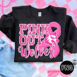 May include: Black sweatshirt with the text "PINK OUT Wolves" in pink glitter lettering and a pink ribbon with a wolf graphic. The design is centered on the front of the sweatshirt.