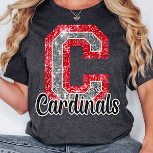 PNG C Cardinals Red Bling Sparkle Glitter School Team Spirit Mascot Teacher Game Day Football Cheer Design for Sublimation DTF HTV Shirt