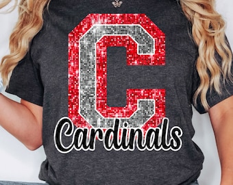PNG C Cardinals Red Bling Sparkle Glitter School Team Spirit Mascot Teacher Game Day Football Cheer Design for Sublimation DTF HTV Shirt