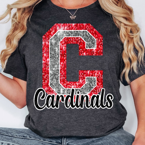 PNG C Cardinals Red Bling Sparkle Glitter School Team Spirit Mascot Teacher Game Day Football Cheer Design for Sublimation DTF HTV Shirt