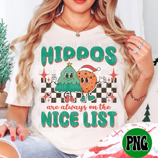 PNG Hippos Are Always On The Nice List Christmas Vintage Retro Checkered School Spirit Mascot Teacher Gift for DTF Sublimation Shirts