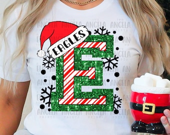 Eagles E Merry Christmas Santa Holiday Green Red Glitter Candy Cane December Mascot School Spirit PNG DTF Sublimation Screen Print Shirt