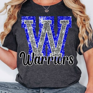 PNG W Warriors Blue Bling Sparkle Glitter School Team Spirit Mascot Teacher Game Day Football Cheer Diseño para sublimación DTF HTV Shirt
