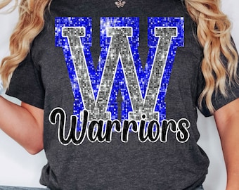 PNG W Warriors Blue Bling Sparkle Glitter School Team Spirit Mascot Teacher Game Day Football Cheer Design for Sublimation DTF HTV Shirt