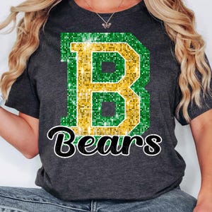 PNG B Bears Green Gold Bling Sparkle Glitter School Team Spirit Mascot Teacher Game Day Football Cheer Design for Sublimation DTF HTV Shirt