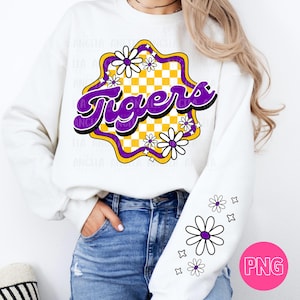 PNG Tigers Sleeve Retro Groovy Checkered Flower Mascot School Team Spirit Teacher Appreciation Football Cheer Design Sublimation DTF Shirt