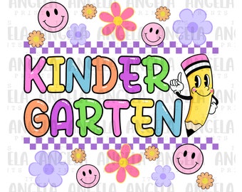 PNG Kindergarten Back to School Retro Checkered Smiley Preppy Groovy Pastel Digital Download Design File for Sublimation DTF Screen Print