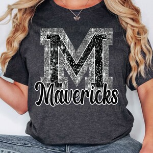 PNG M Mavericks Black Bling Sparkle Glitter School Team Spirit Mascot Teacher Game Day Football Cheer Design for Sublimation DTF HTV Shirt